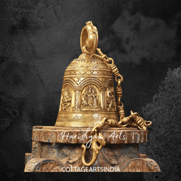 Large Brass Temple Bell with Engraved Hindu Deity Figures