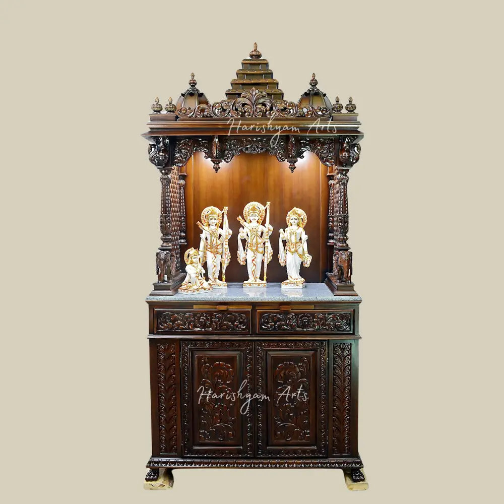 81" Large Teak Wood Pooja Mandir With Drawers & Cabinets