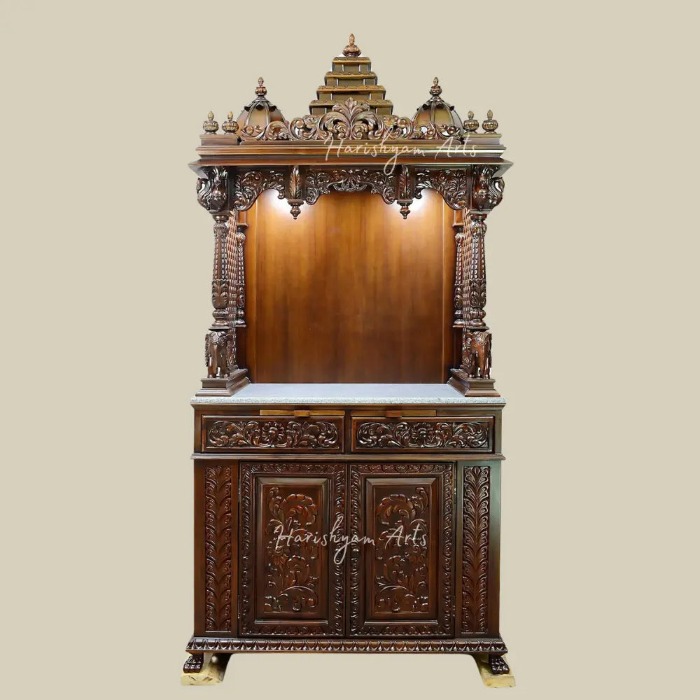 81" Large Teak Wood Pooja Mandir With Drawers & Cabinets