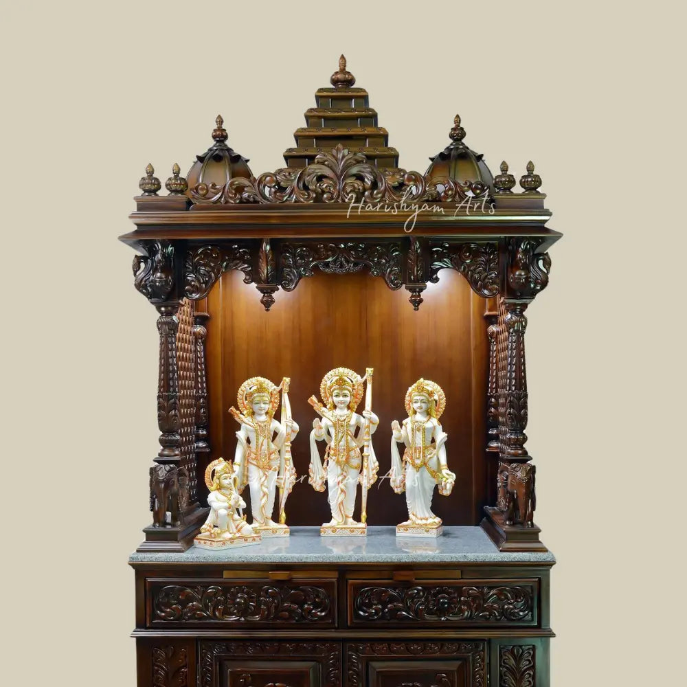 81" Large Teak Wood Pooja Mandir With Drawers & Cabinets