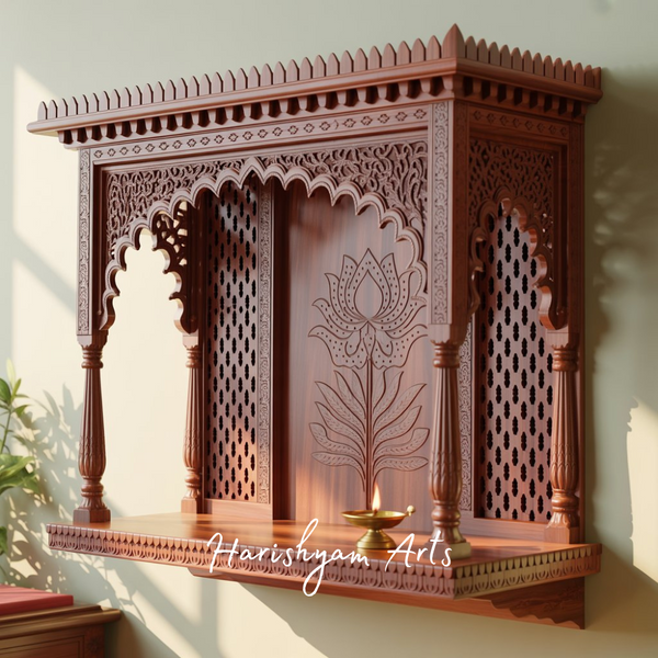 Large Floral Back Wall Mounted Wooden Pooja Mandir