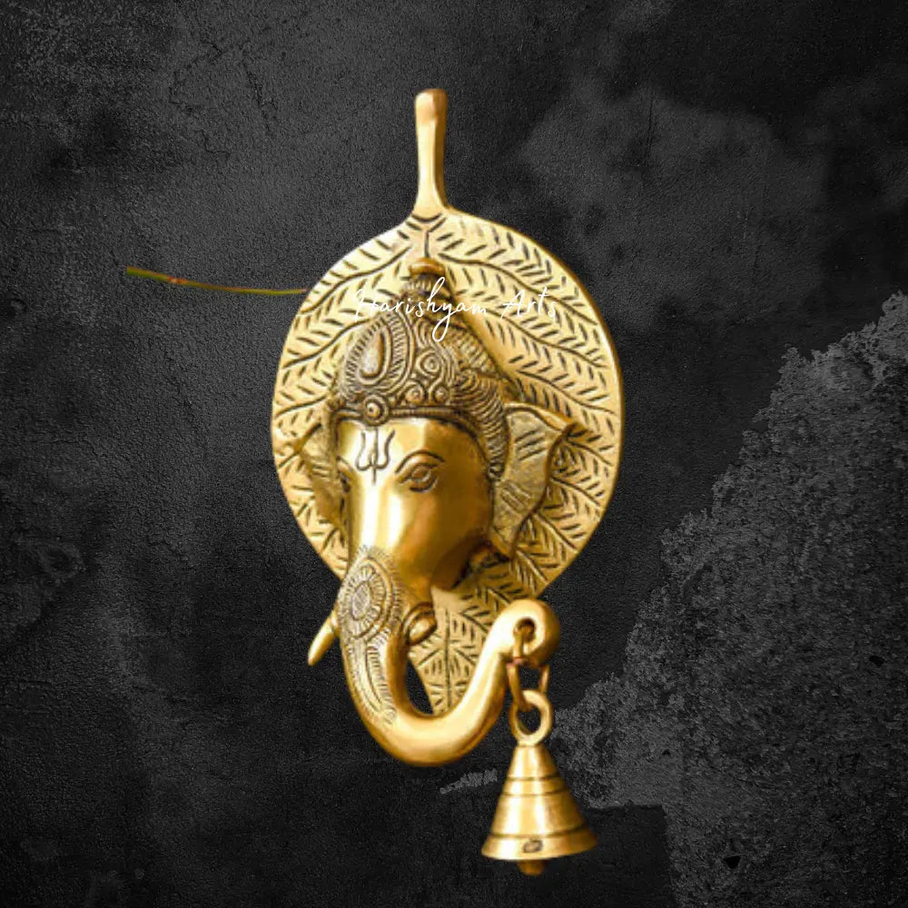 Brass Ganesha Bell on Leaf Wall Hanging 8"