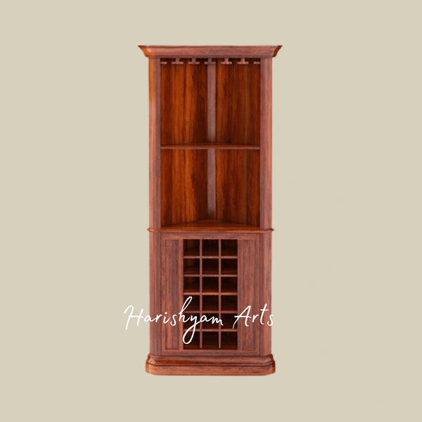 Long Wooden Corner Bar Cabinet with Glass and Bottle Storage