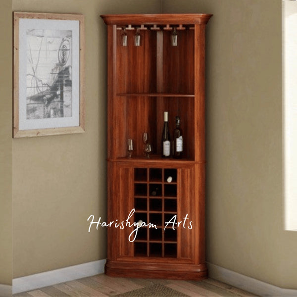 Long Wooden Corner Bar Cabinet with Glass and Bottle Storage