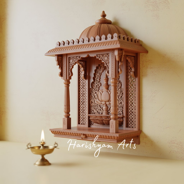 Lotus Bloom Wall Mounted Teak Wood Mandir