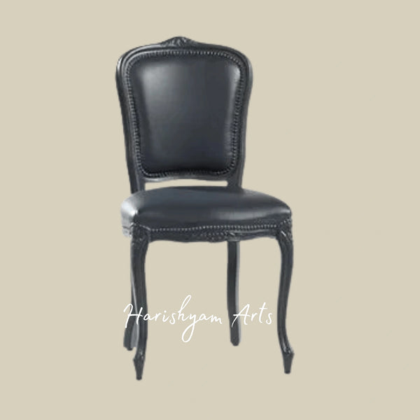 Luxury Black Leather Dining Chair with Nailhead Trim and Carved Wooden Frame
