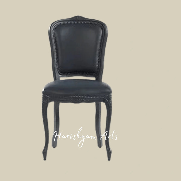 Luxury Black Leather Dining Chair with Nailhead Trim and Carved Wooden Frame