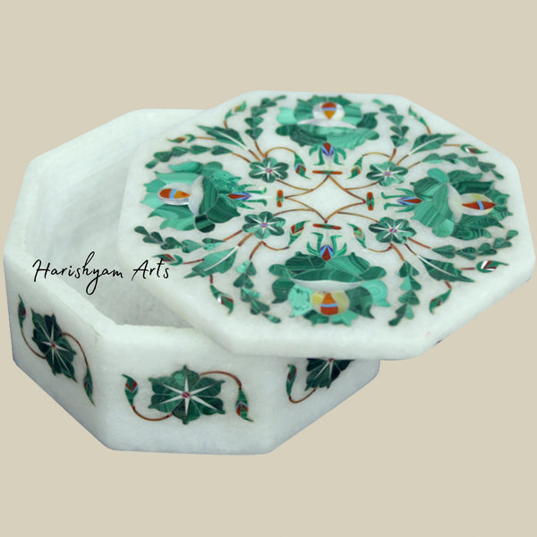 Luxury Octagonal Marble Inlay Jewelry Box with Malachite