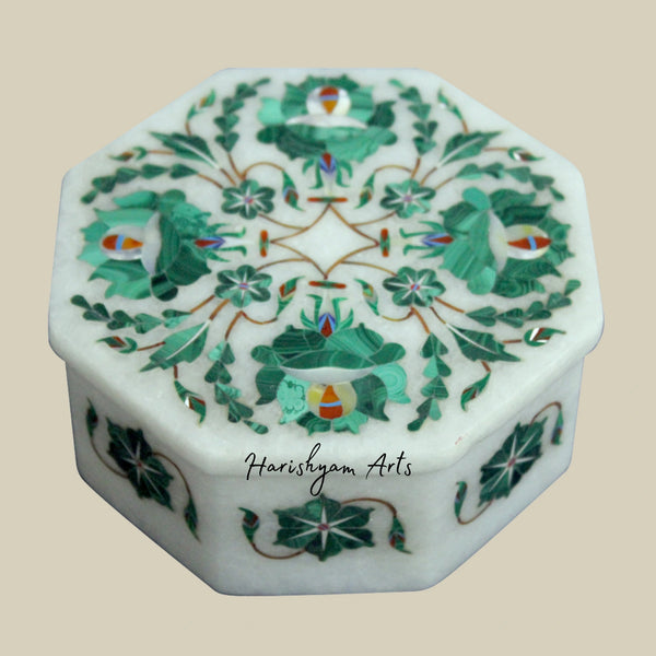 Luxury Octagonal Marble Inlay Jewelry Box with Malachite