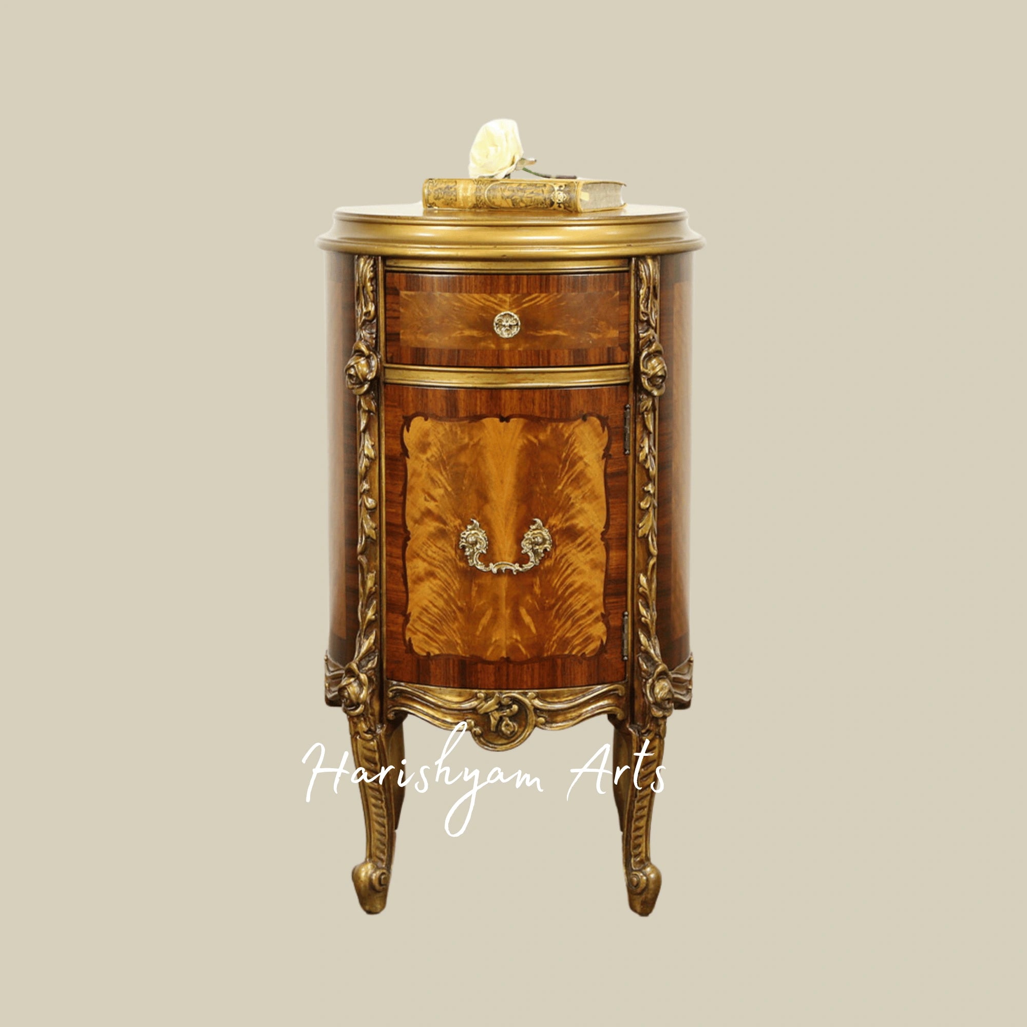 Luxury Solid Wood Bedside Chest with Brass Carvings