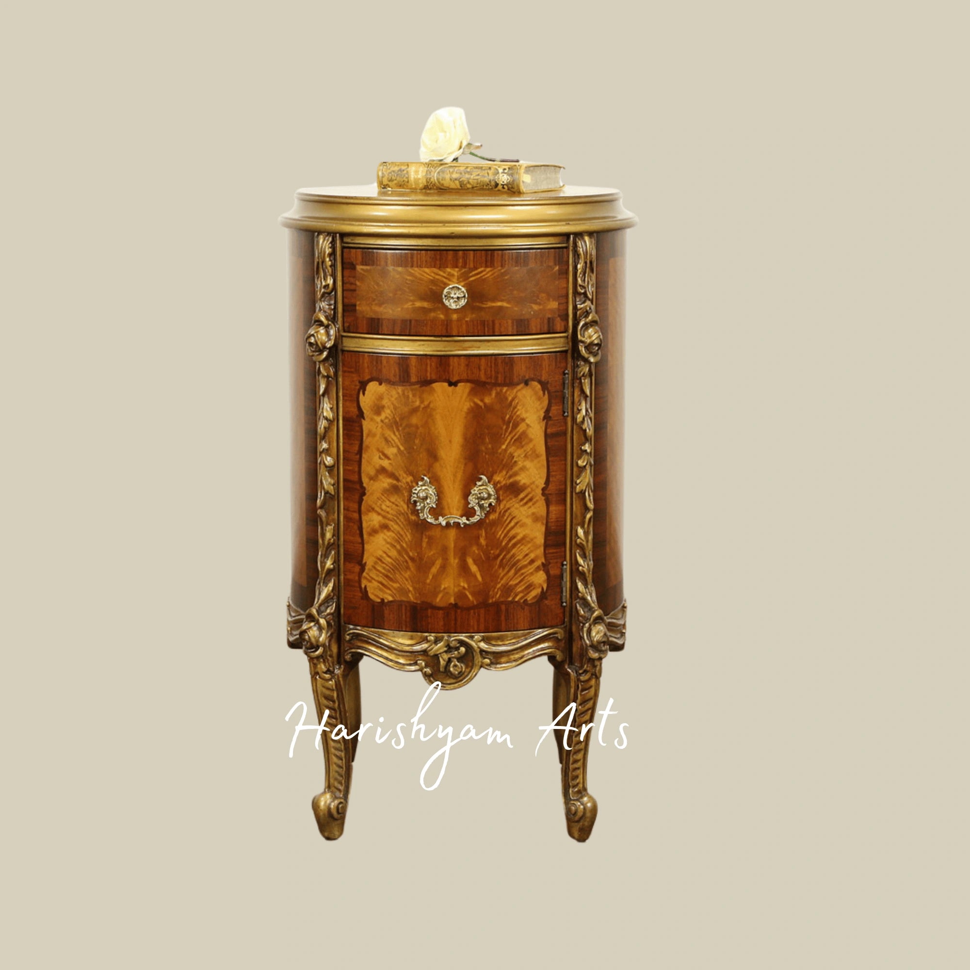 Luxury Solid Wood Bedside Chest with Brass Carvings