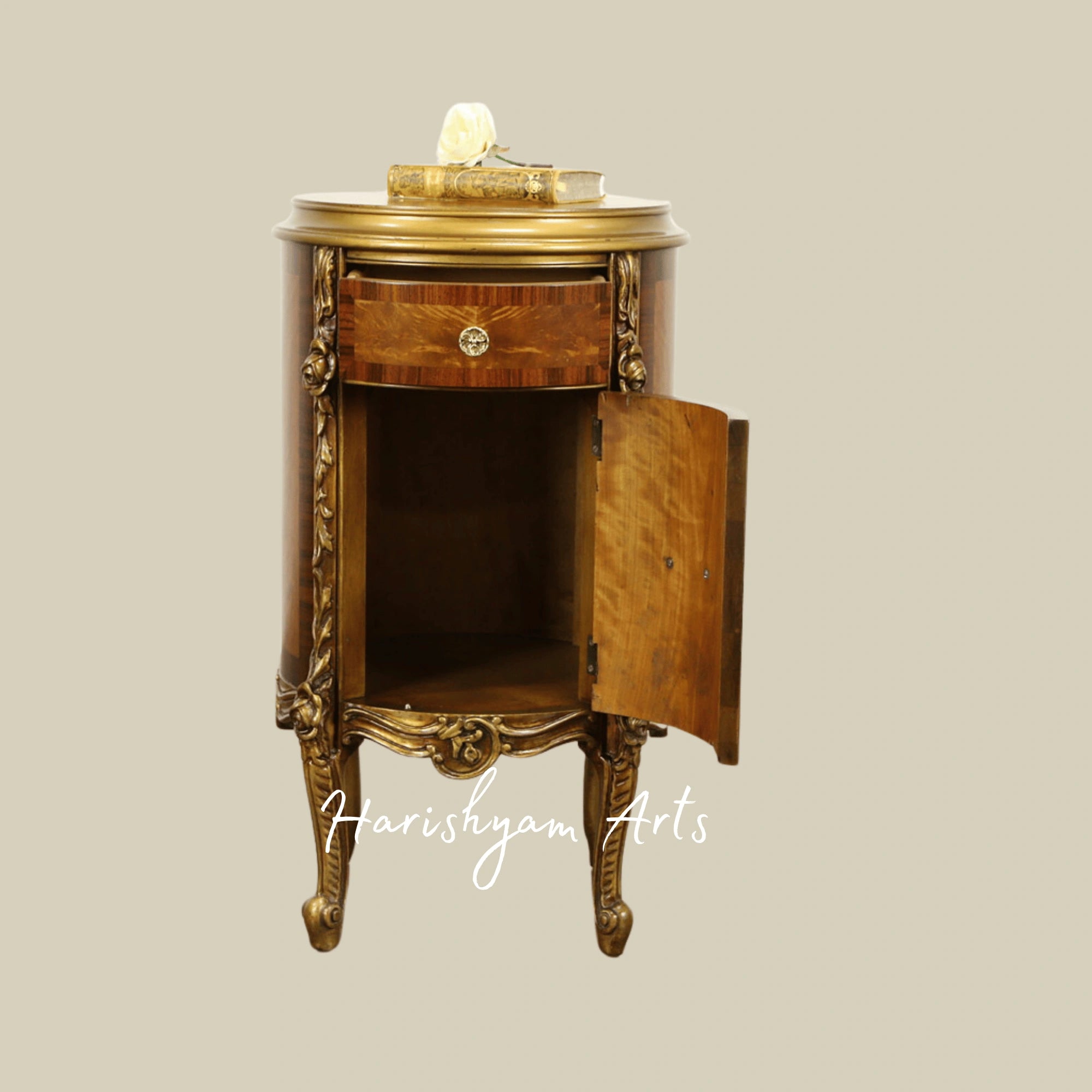 Luxury Solid Wood Bedside Chest with Brass Carvings