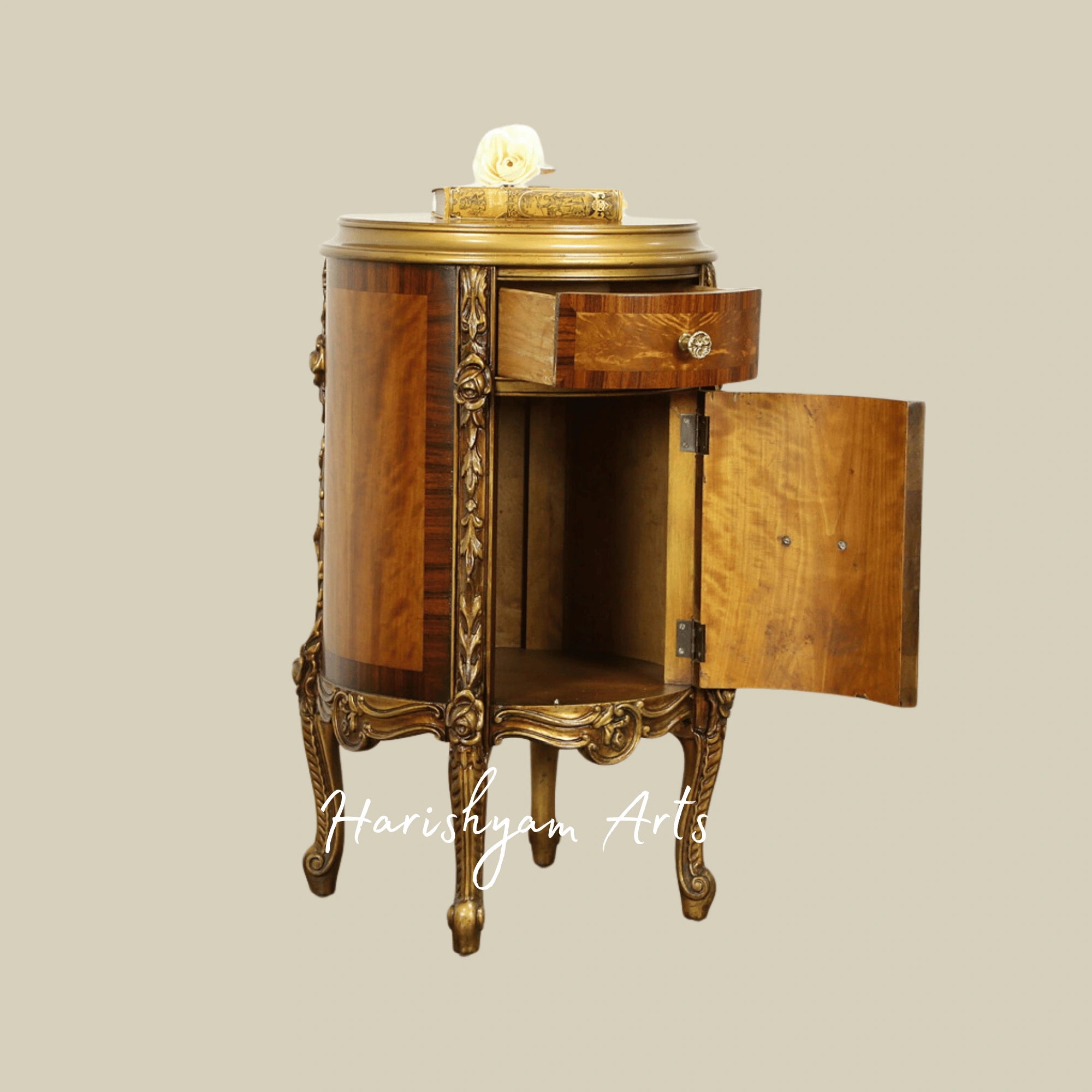 Luxury Solid Wood Bedside Chest with Brass Carvings