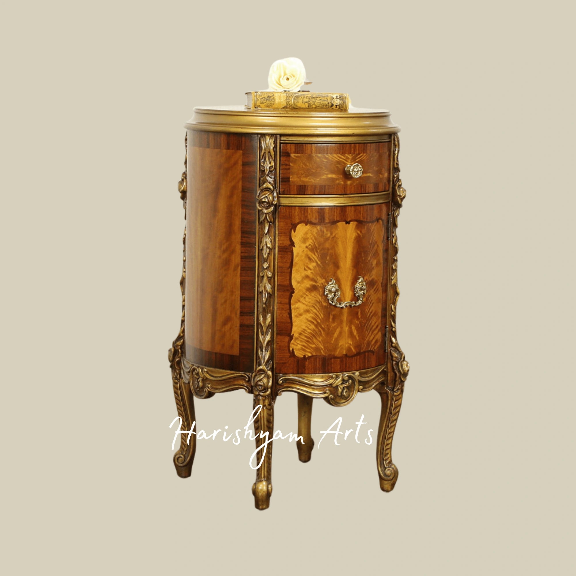 Luxury Solid Wood Bedside Chest with Brass Carvings