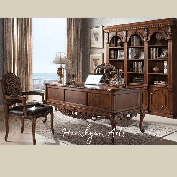 Luxury Victorian Style Wooden Office Furniture Collection with Elegant Carved Desk, Chair and Library Cabinet