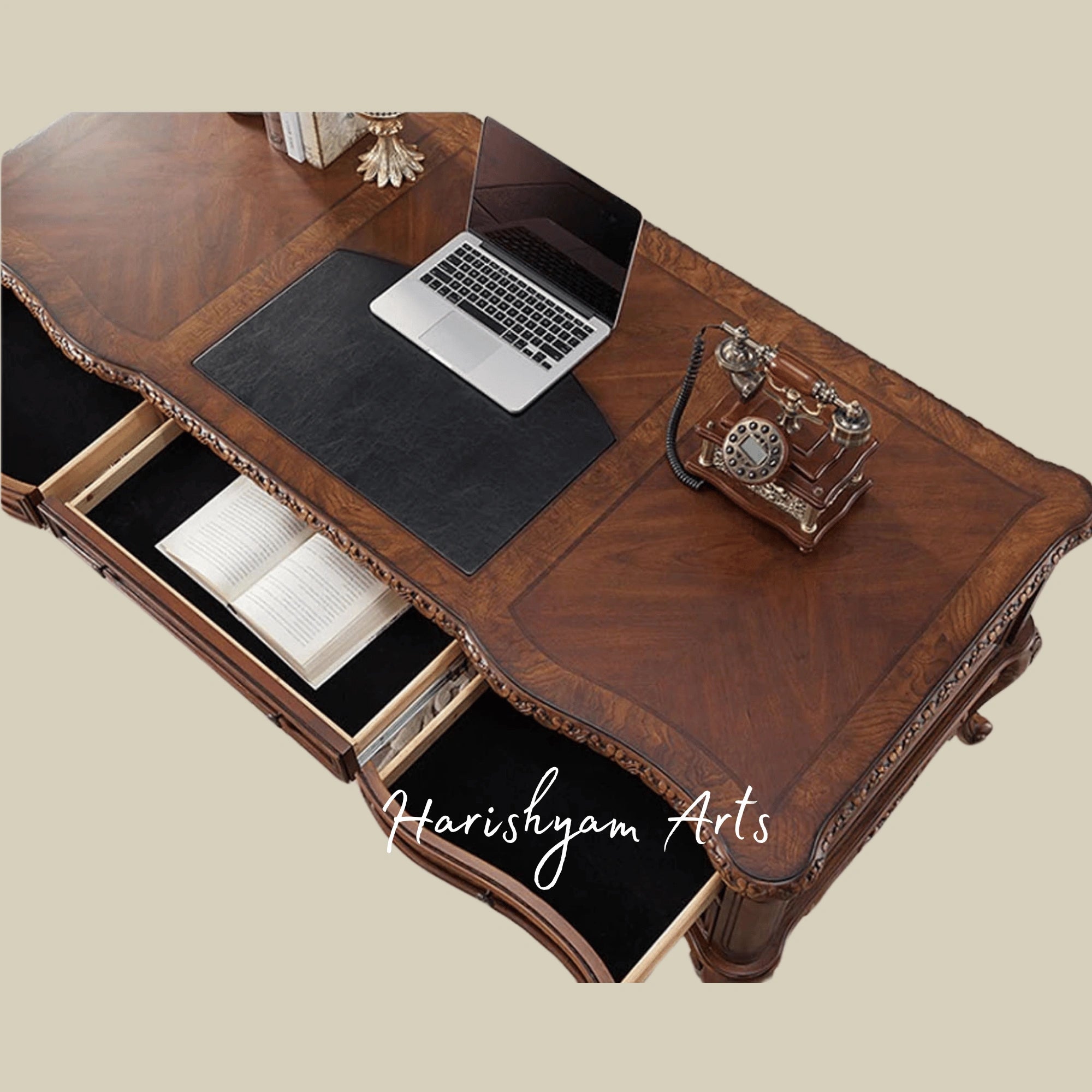 Luxury Victorian Style Wooden Office Furniture Collection with Elegant Carved Desk, Chair and Library Cabinet