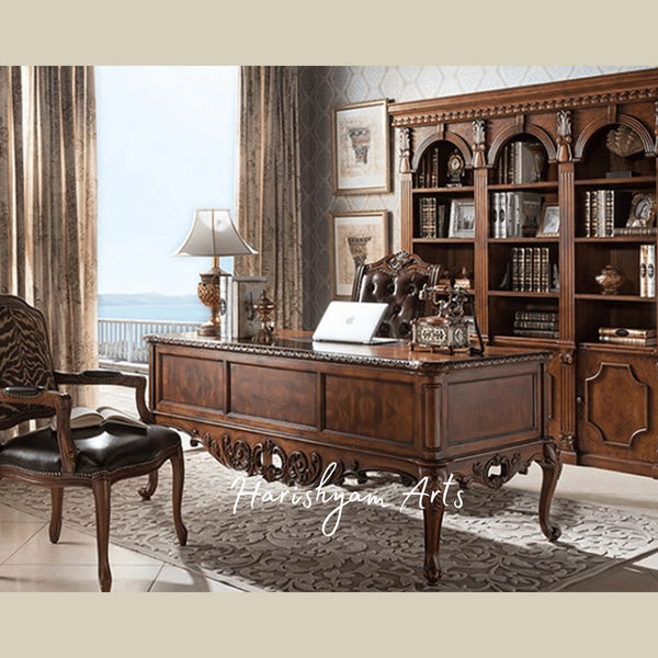 Luxury Victorian Style Wooden Office Furniture Collection with Elegant Carved Desk, Chair and Library Cabinet