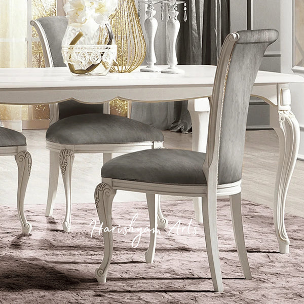Luxury Upholstered Side Chair with High Backrest, Carved White Frame, and Plush Grey Cushion