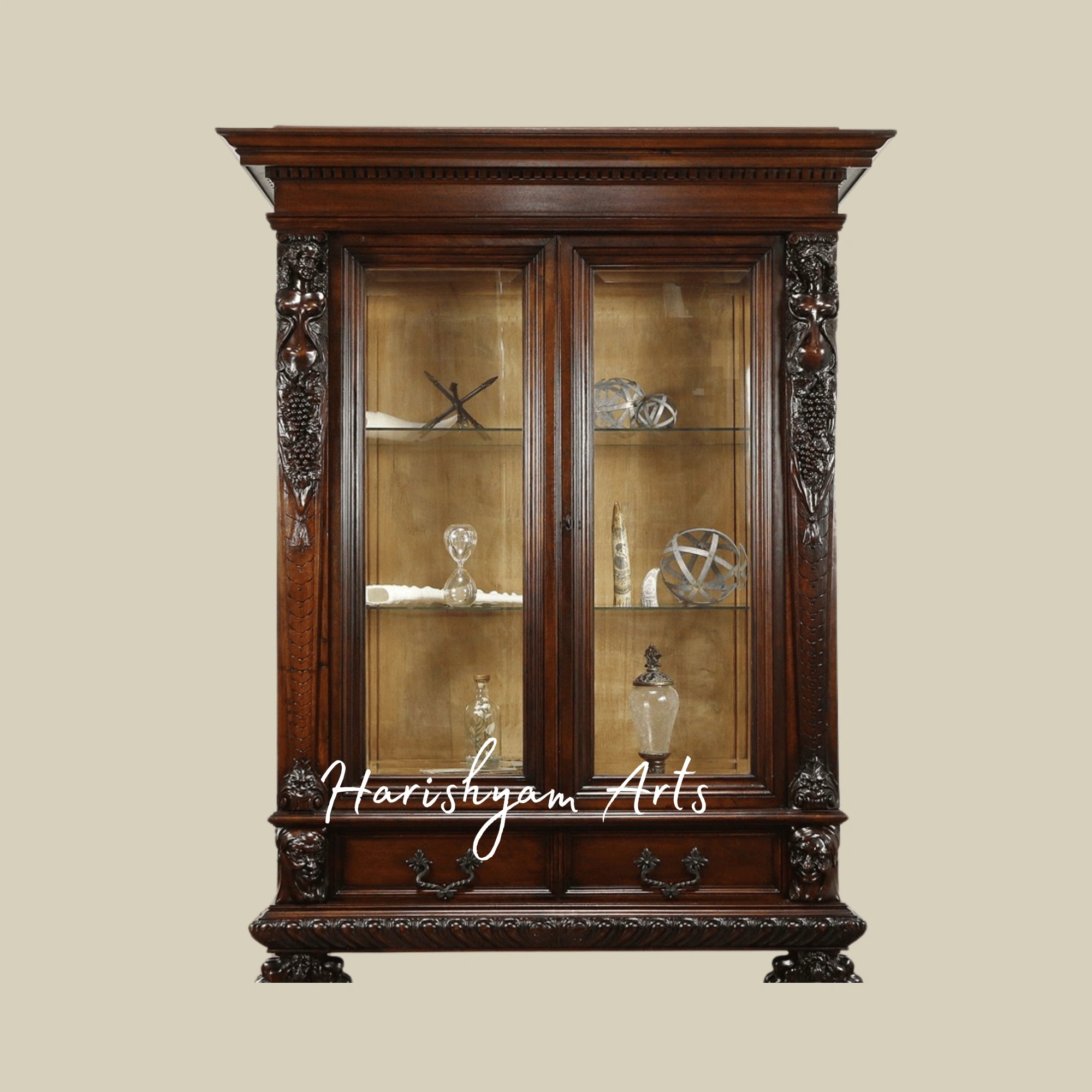 Majestic Antique-Style Wooden Crockery Almirah with Ornamental Carvings and Classic Display Shelves