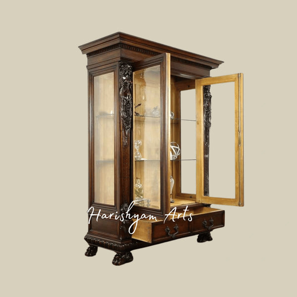 Majestic Antique-Style Wooden Crockery Almirah with Ornamental Carvings and Classic Display Shelves