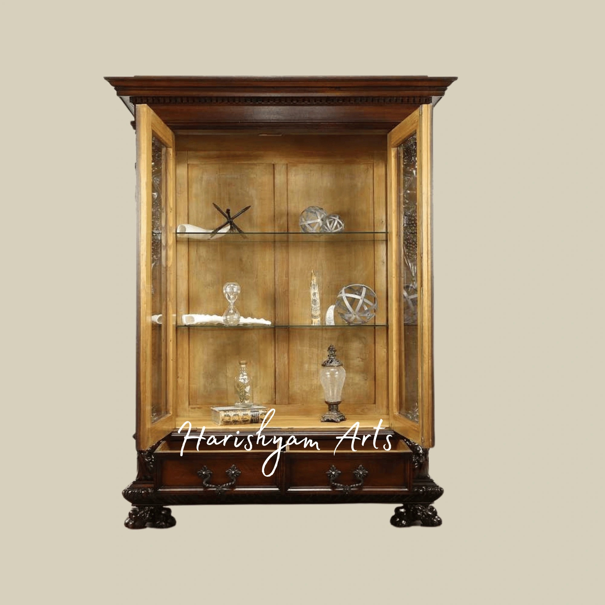 Majestic Antique-Style Wooden Crockery Almirah with Ornamental Carvings and Classic Display Shelves2