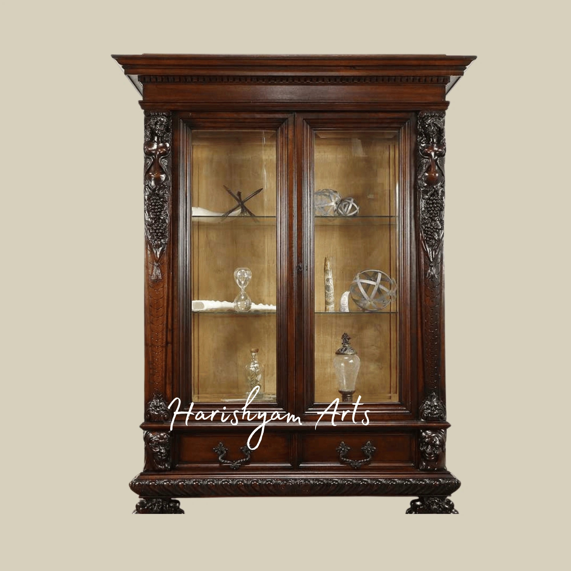 Majestic Antique-Style Wooden Crockery Almirah with Ornamental Carvings and Classic Display Shelves4
