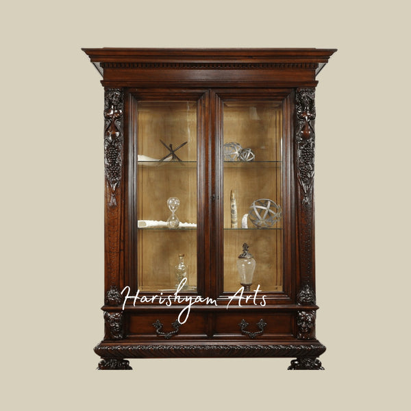 Majestic Antique-Style Wooden Crockery Almirah with Ornamental Carvings and Classic Display Shelves