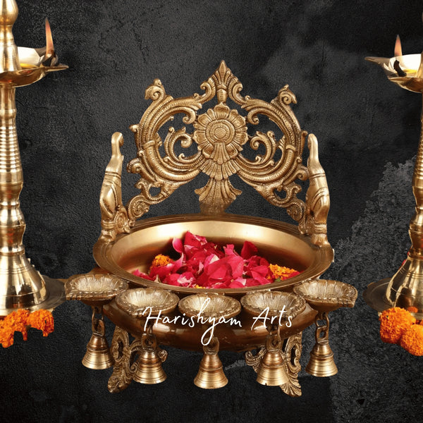 Majestic Brass Urli with Hanging Bell and Diyas for Auspicious Settings