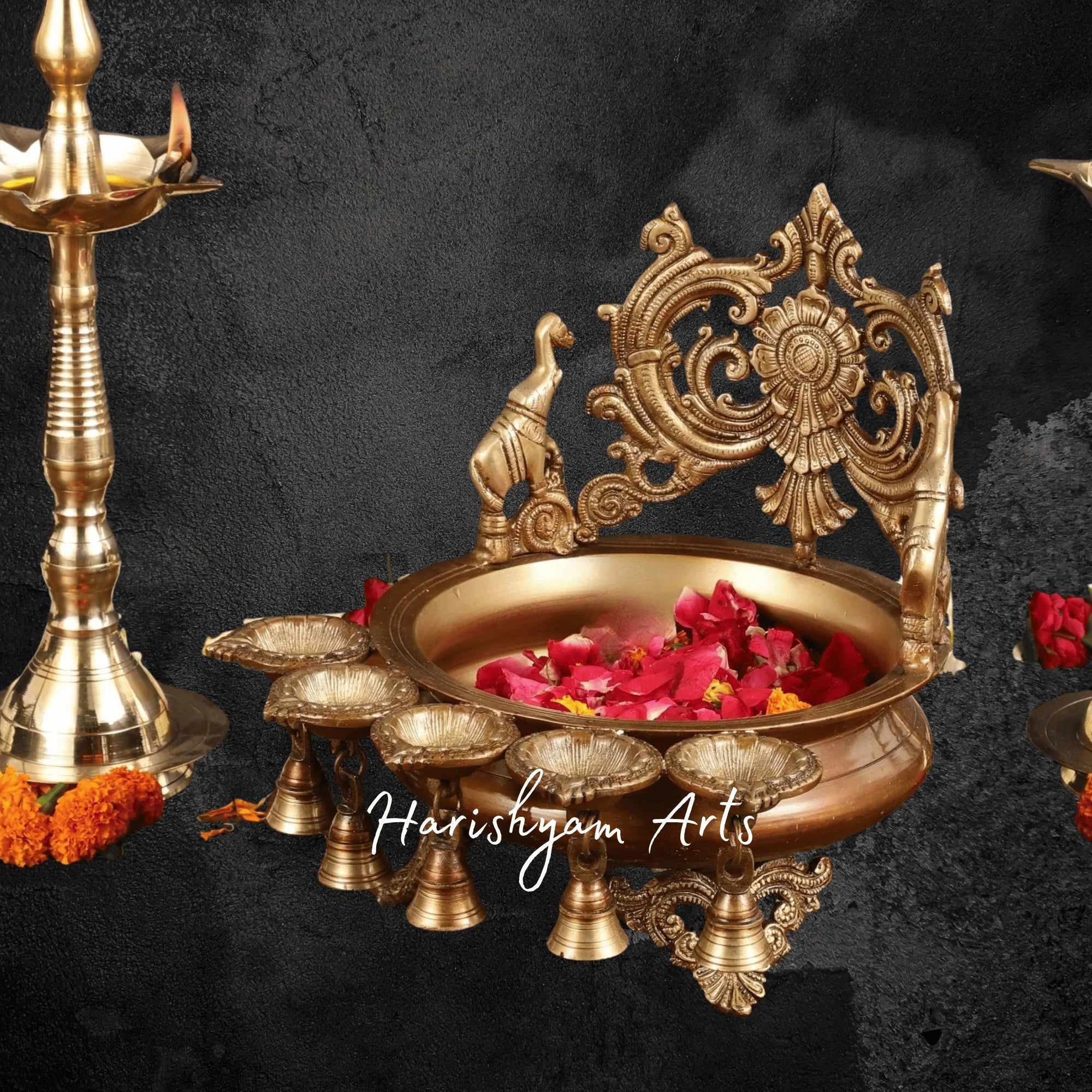 Majestic Brass Urli with Hanging Bell and Diyas for Auspicious Settings4