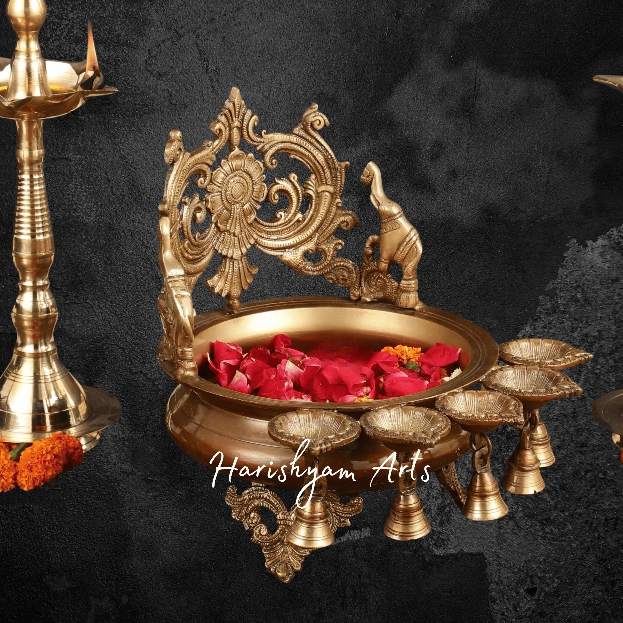 Majestic Brass Urli with Hanging Bell and Diyas for Auspicious Settings5