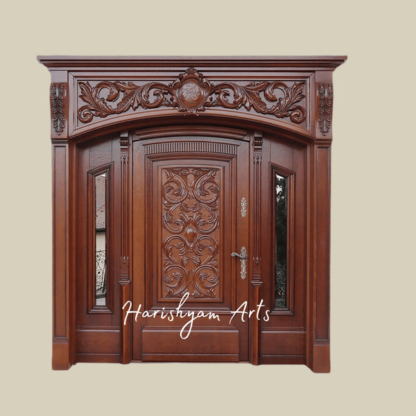 Majestic Carved Solid Teak Door – Grand Luxury Entrance with Ornate Architrave, Handcrafted Royal Main Door, Heritage Villa Entry