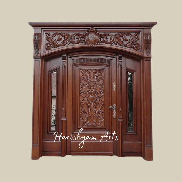 Majestic Carved Solid Teak Door – Grand Luxury Entrance with Ornate Architrave, Handcrafted Royal Main Door, Heritage Villa Entry