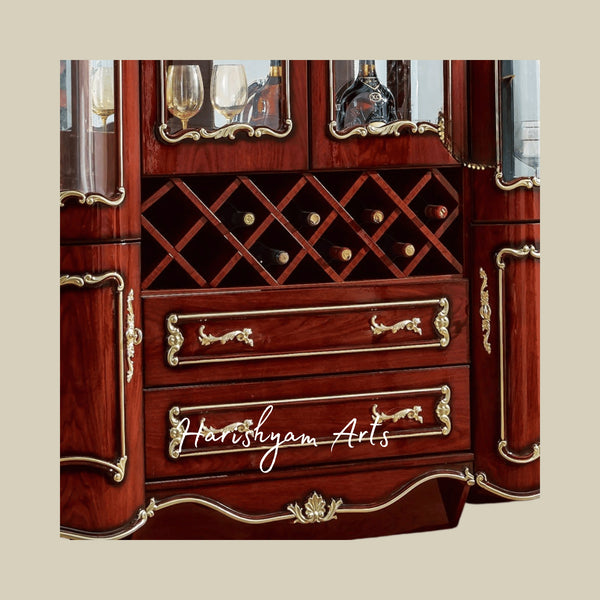 Majestic Luxury Wooden Crockery Showcase Unit with Gold Accents and Glass Doors for Dining Room
