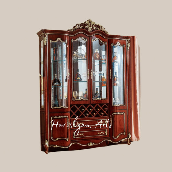 Majestic Luxury Wooden Crockery Showcase Unit with Gold Accents and Glass Doors for Dining Room