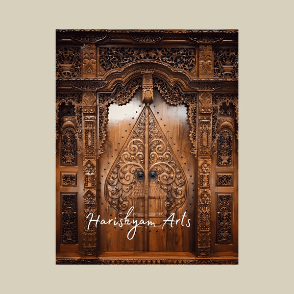 Majestic Palace Jharokha Door – Handcrafted Carved Teak Main Entrance with Intricate Traditional Rajasthani Artwork, Heritage Haveli Statement Door