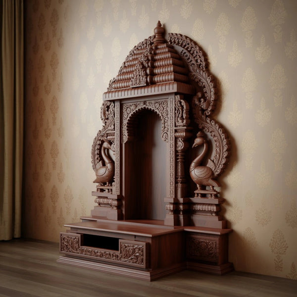 Majestic Peacock Carved Teak Wood Temple for Home
