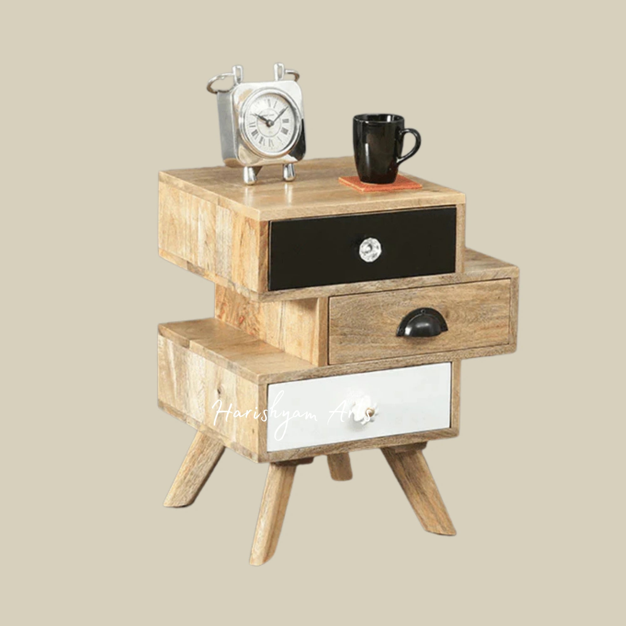 Mango Wood Bedside Chest with Elegant Design and Three Storage Drawers