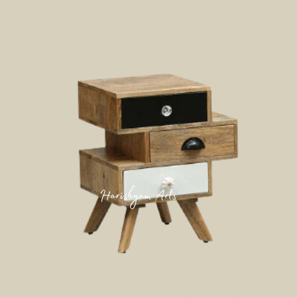 Mango Wood Bedside Chest with Elegant Design and Three Storage Drawers