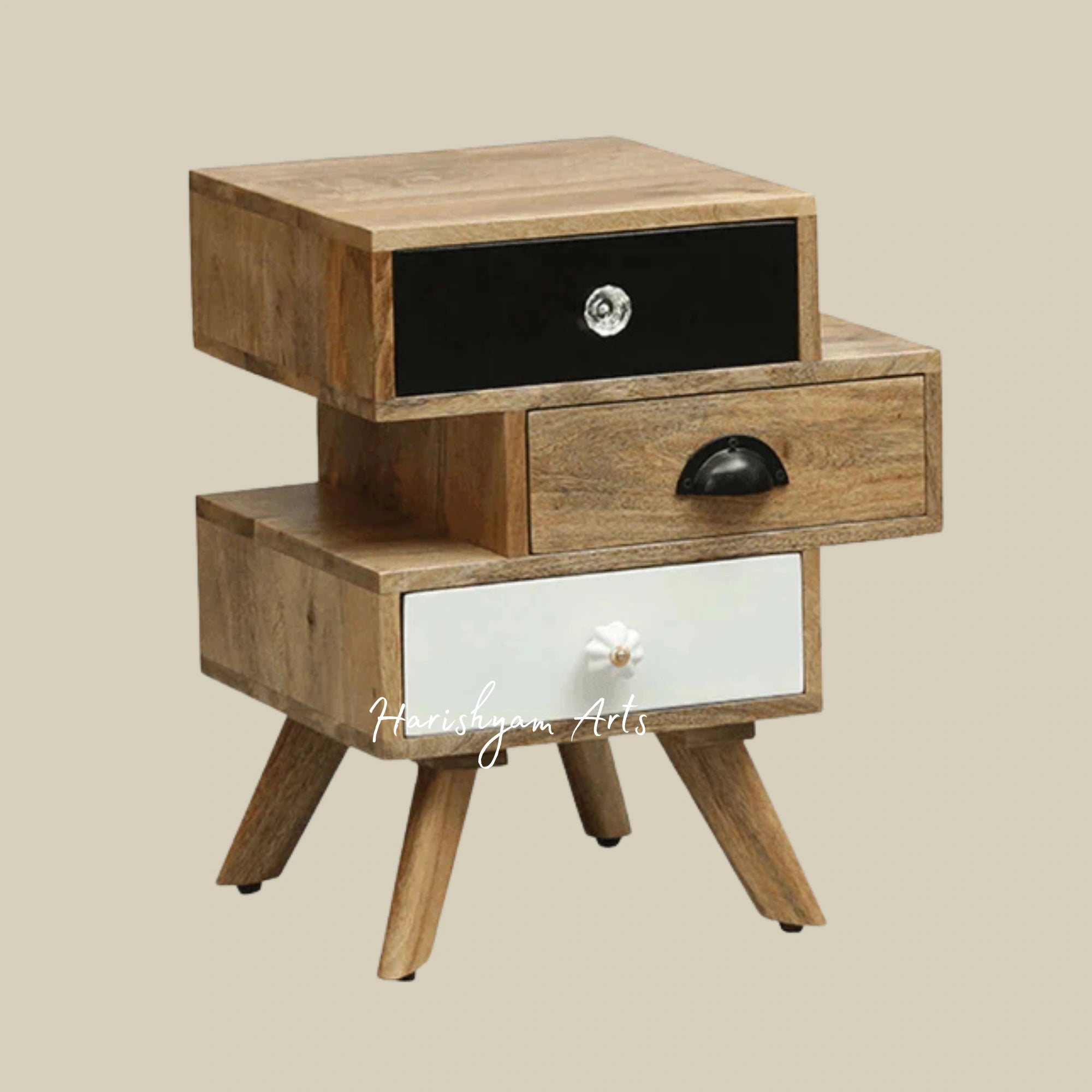 Mango Wood Bedside Chest with Elegant Design and Three Storage Drawers