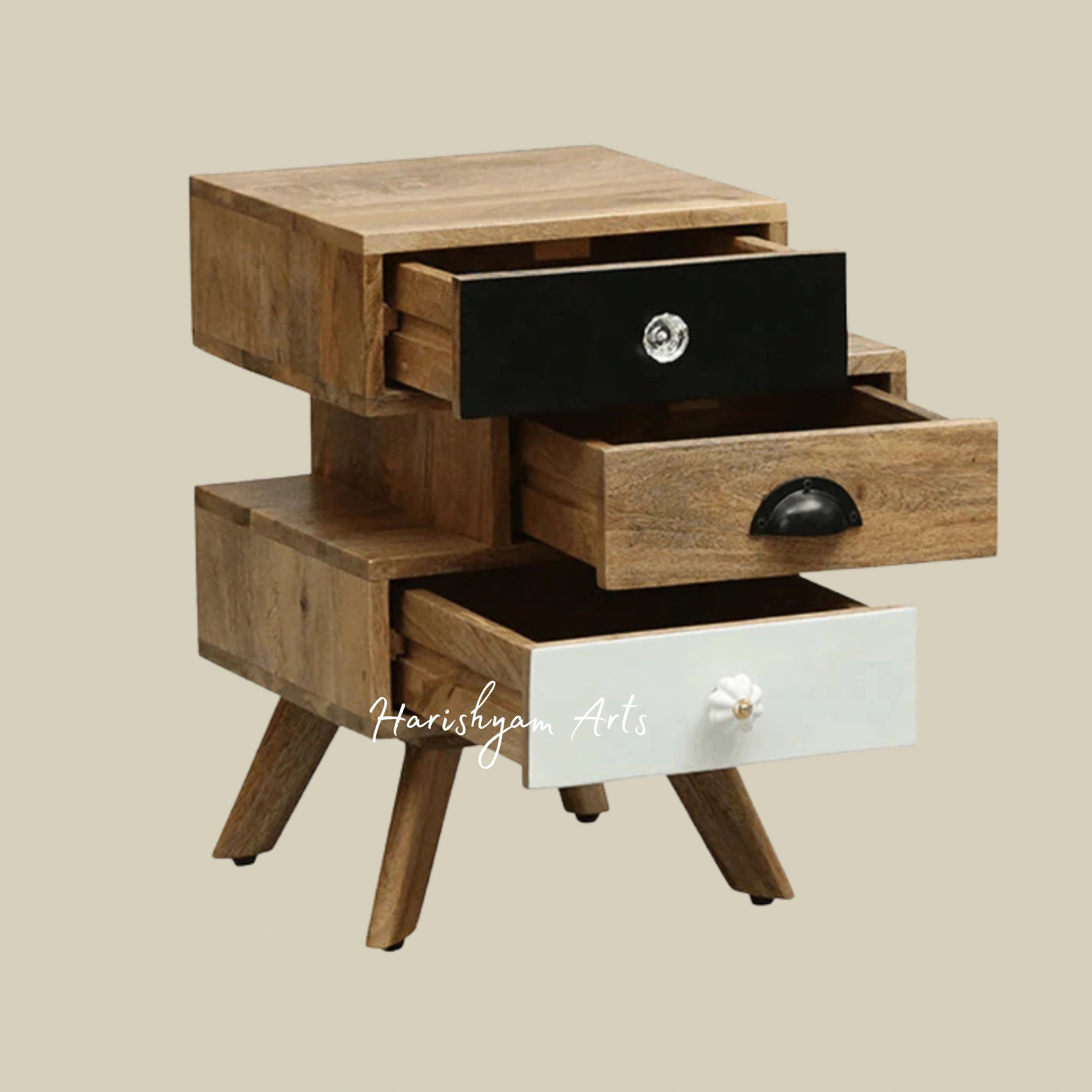 Mango Wood Bedside Chest with Elegant Design and Three Storage Drawers