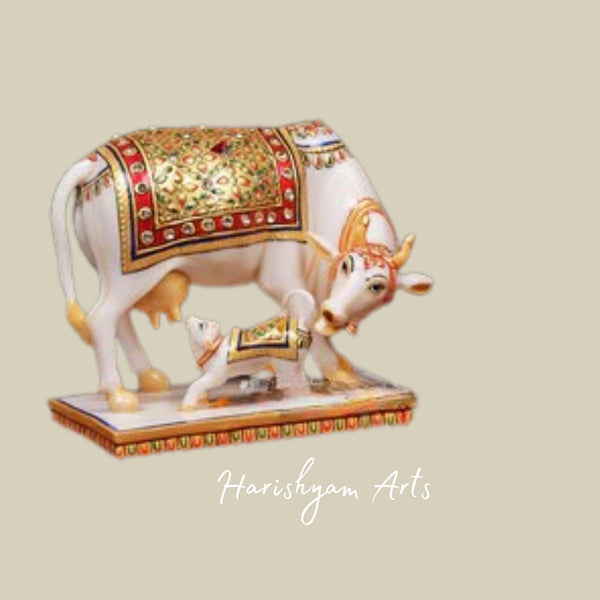 Marble Cow and Calf Sculpture Traditional Minakari Painted Kamdhenu Statue for Puja Room