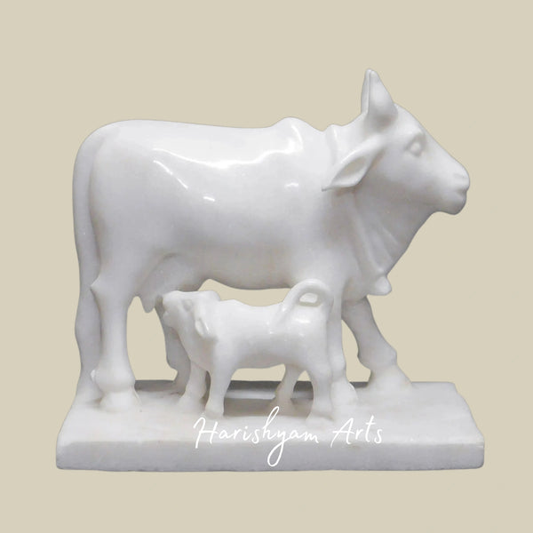 Marble Cow with Calf Statue Handcrafted Kamdhenu Idol for Home and Temple Décor