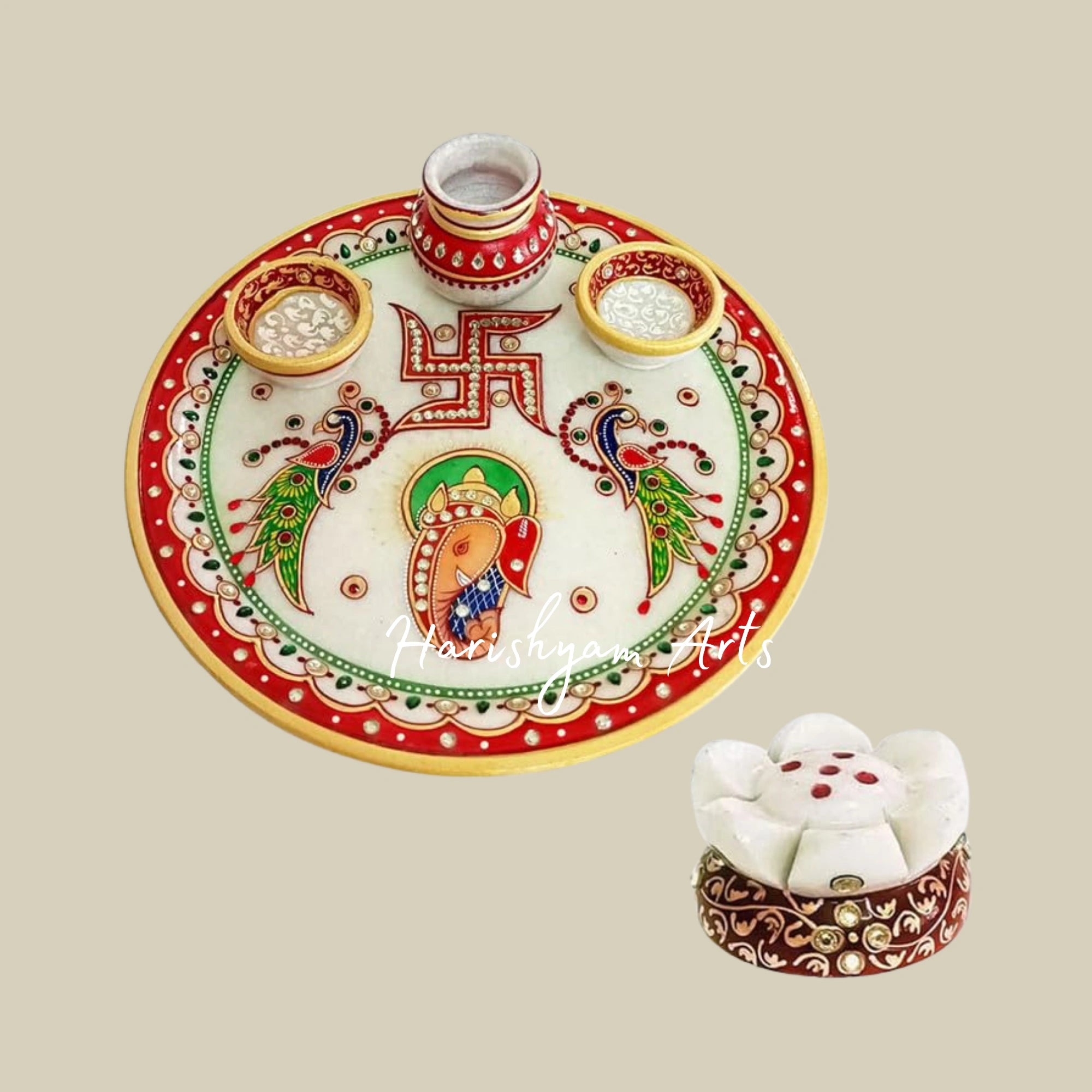 Marble Decorative Pooja Thali Set for Home Temple with Small Lota, Diyas, and Agarbatti Stand