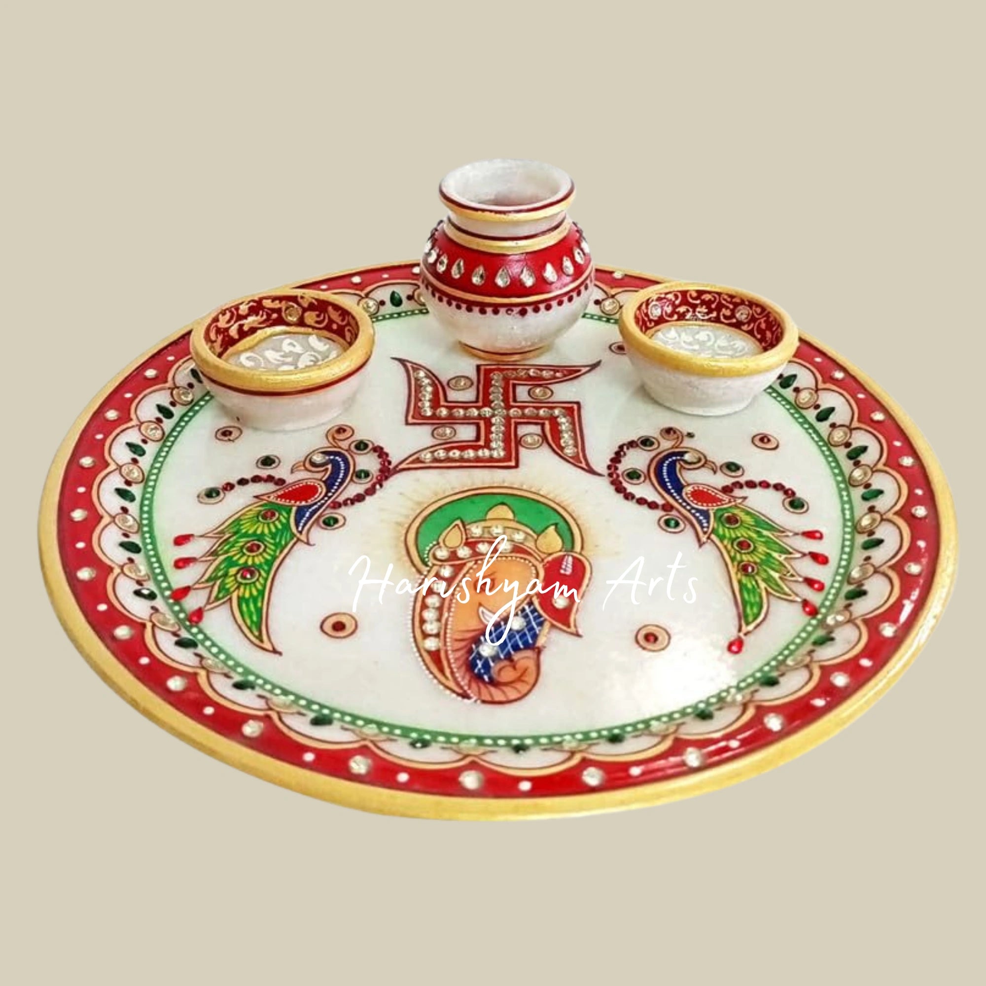 Marble Decorative Pooja Thali Set for Home Temple with Small Lota, Diyas, and Agarbatti Stand