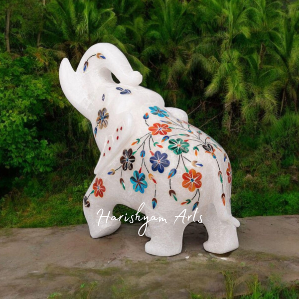 Marble Elephant Statue with Inlay Work Handcrafted Precious Stone Art