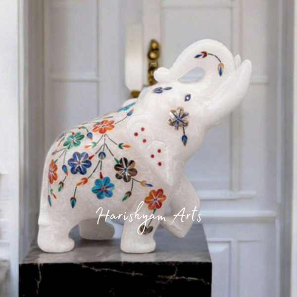 Marble Elephant Statue with Inlay Work Handcrafted Precious Stone Art