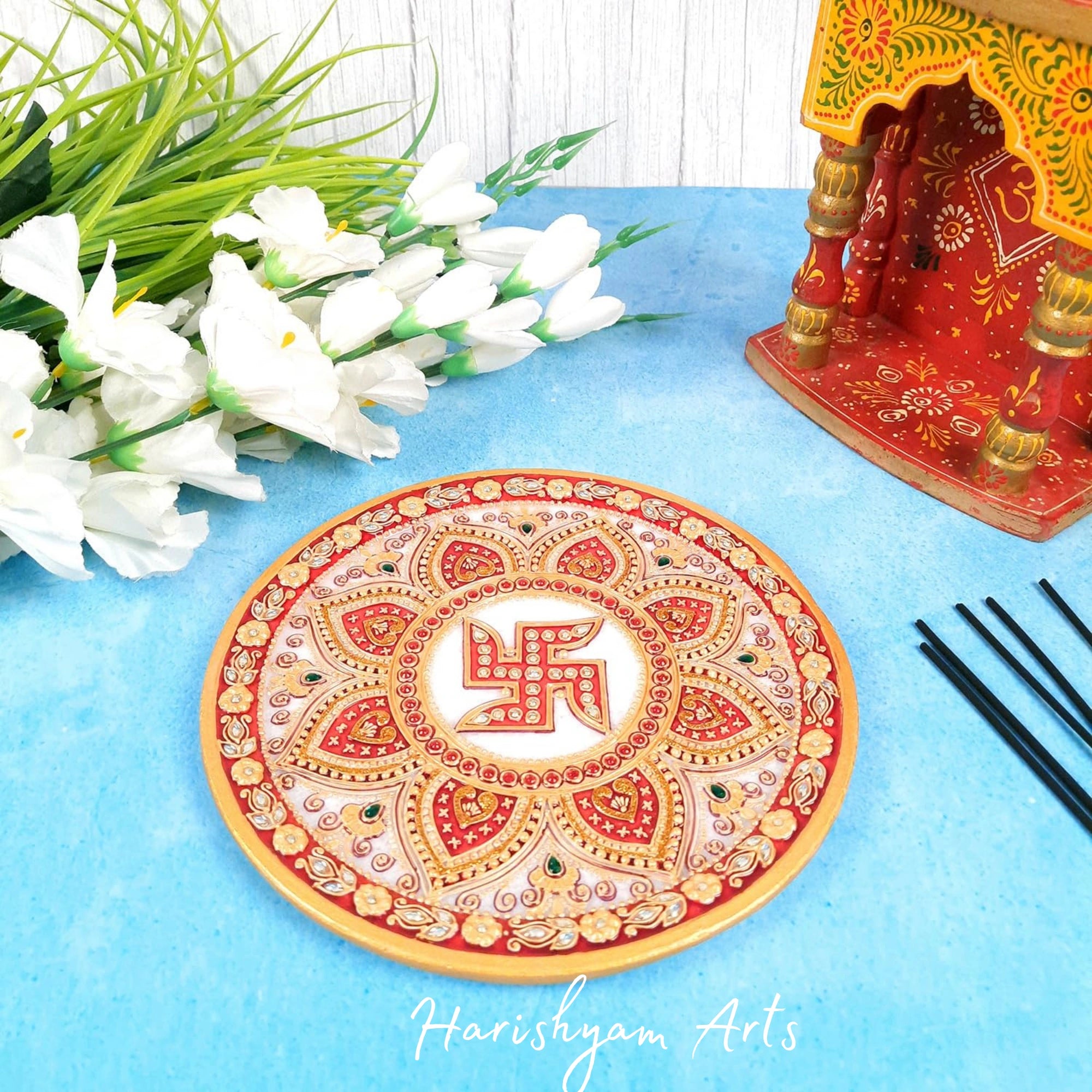 Marble Pooja Thali with Swastik Design for Traditional Worship1