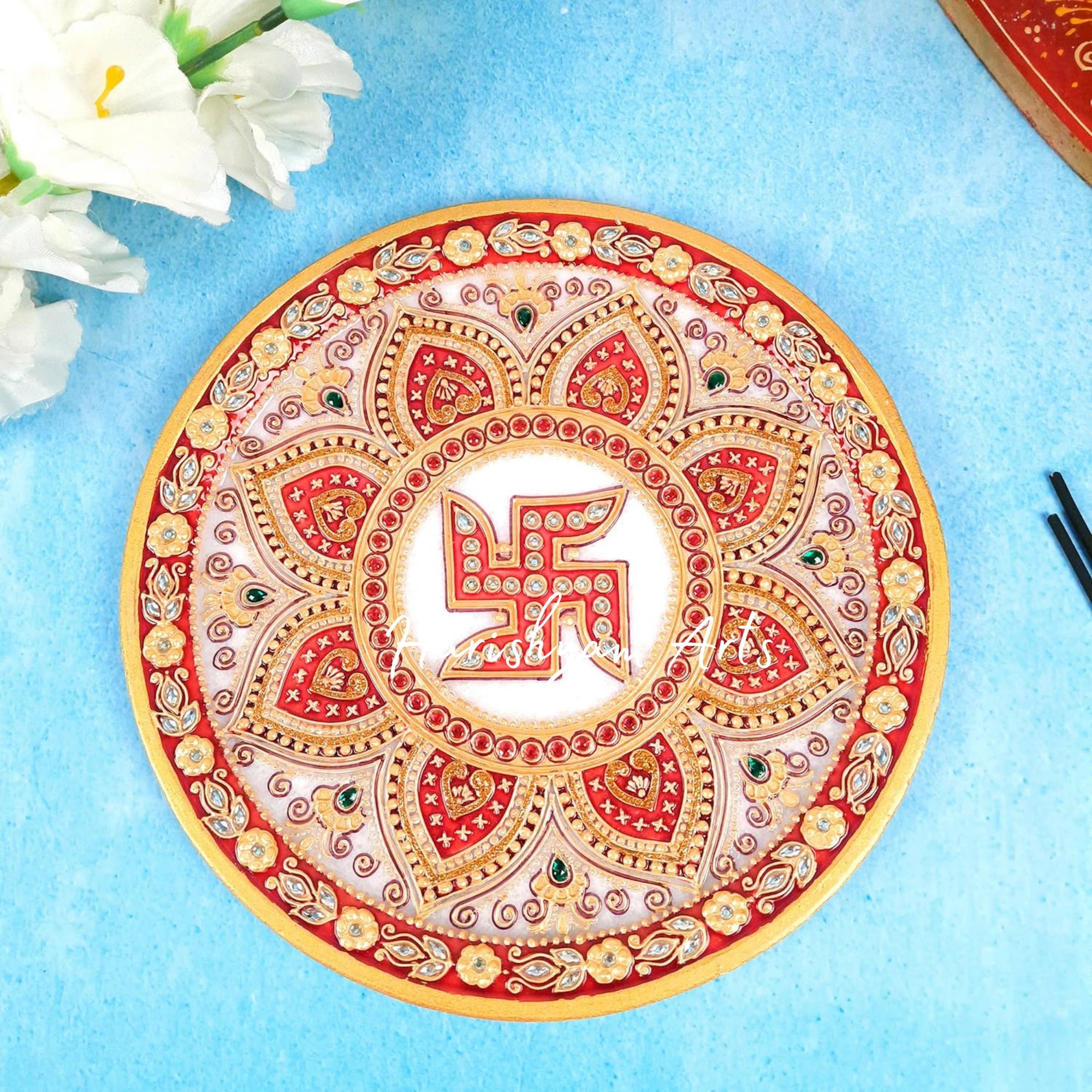 Marble Pooja Thali with Swastik Design for Traditional Worship6