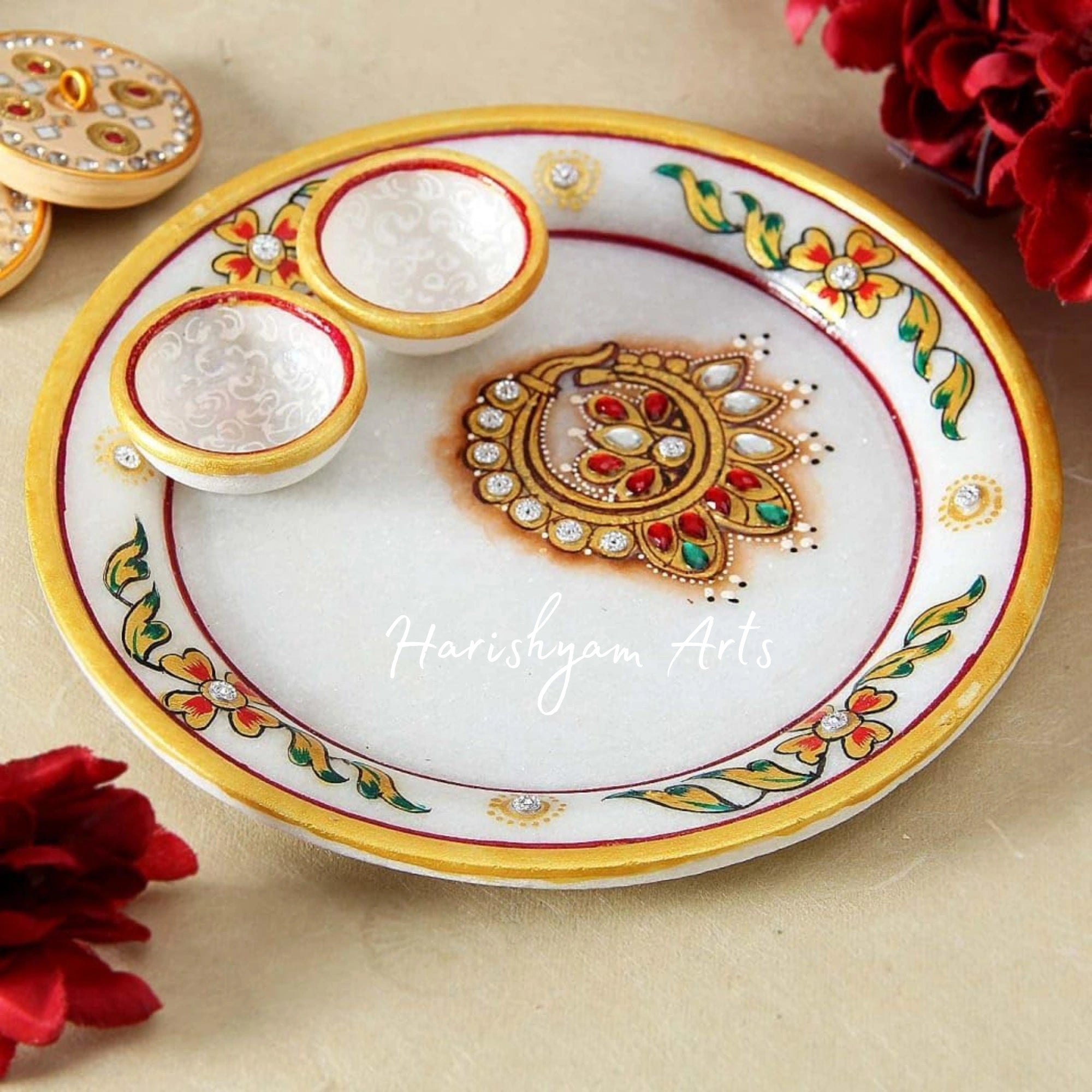 Marble Pooja Thali with Two Diyas for Traditional Worship and Rituals