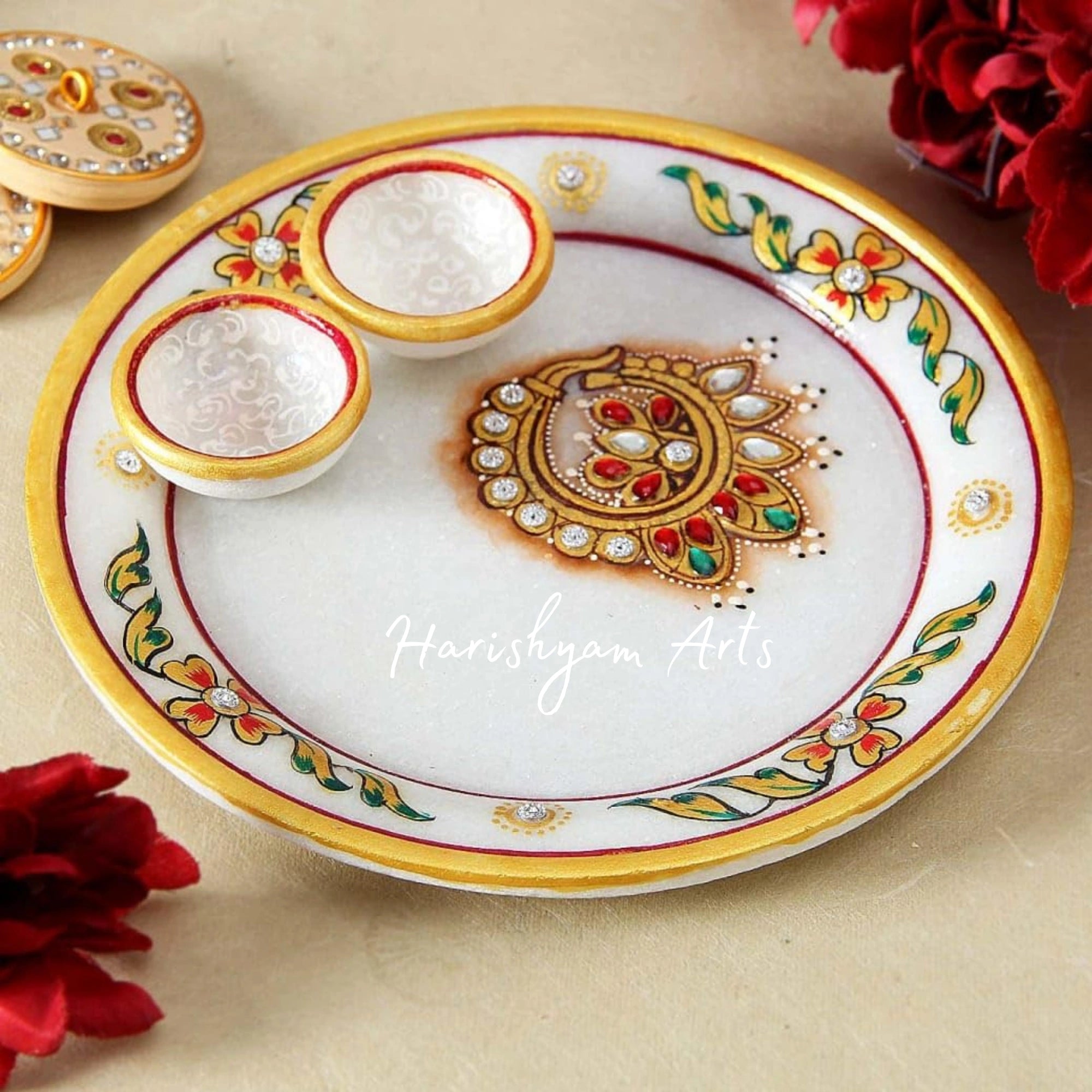 Marble Pooja Thali with Two Diyas for Traditional Worship and Rituals1